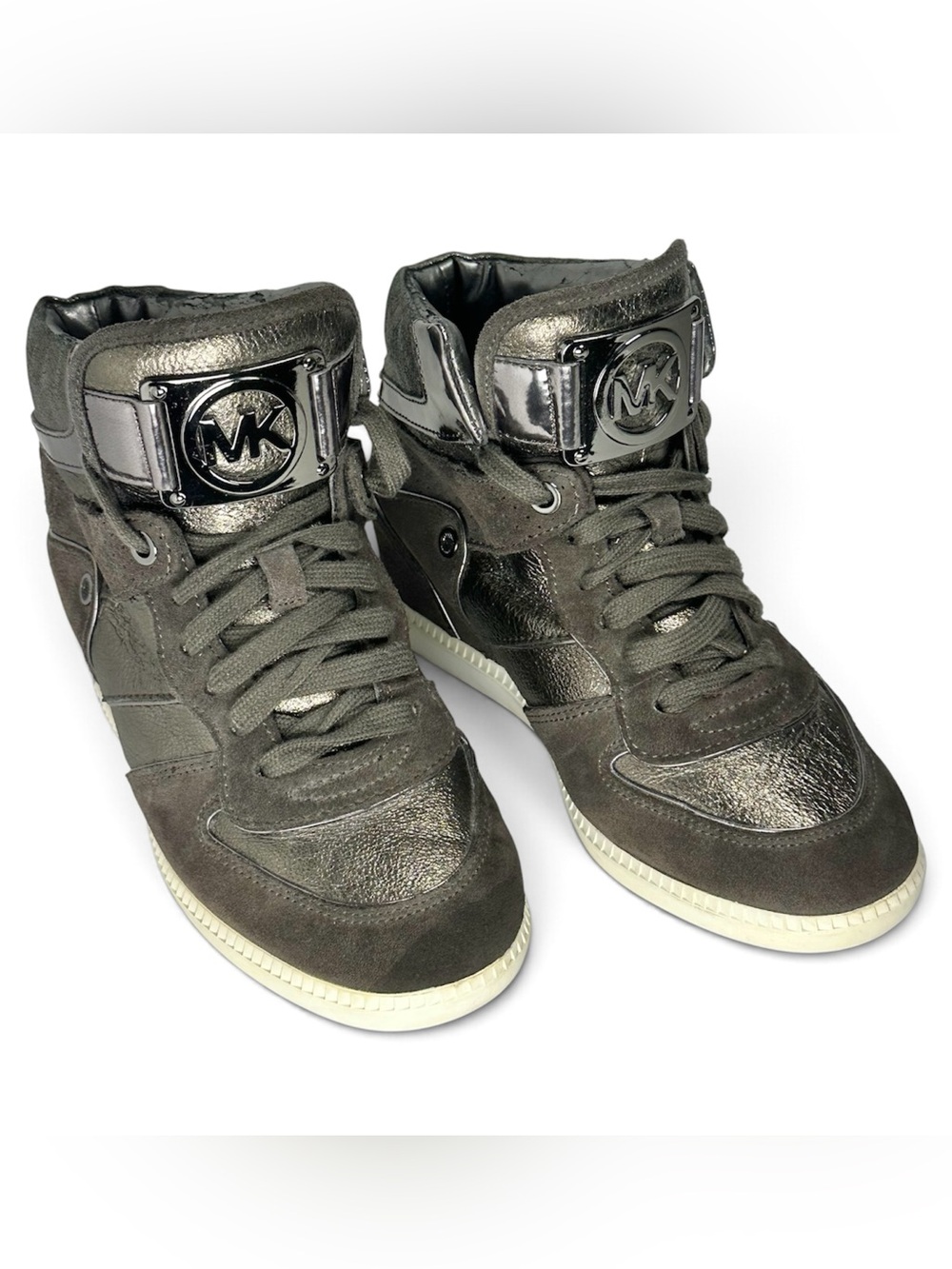 Michael Kors Nikko Wedge Sneakers Womens 7M Metallic Suede High Top MK Logo